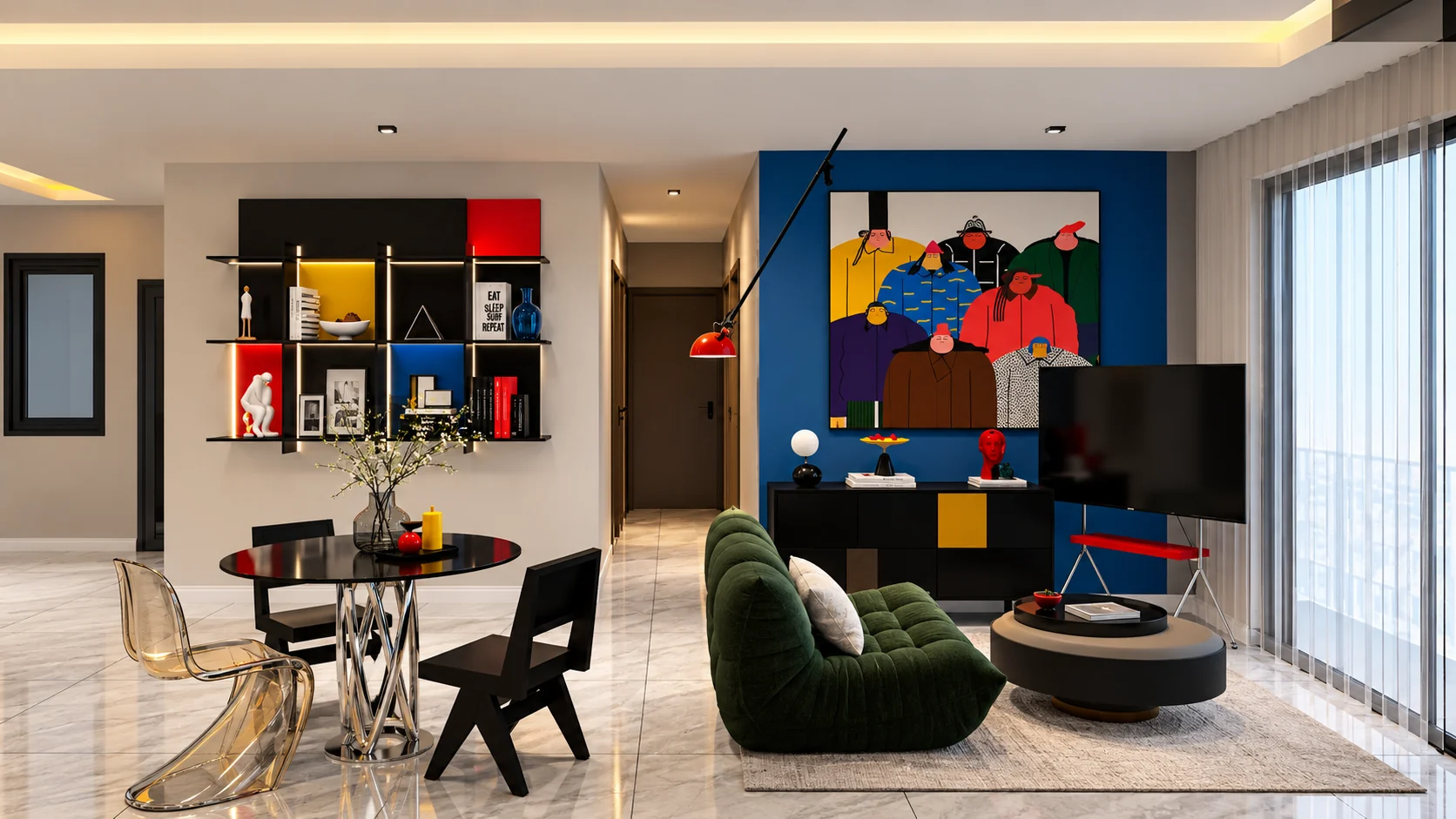 Idaman Heights — Living and dining with blue feature wall and primary-colour shelving · Design visualisation