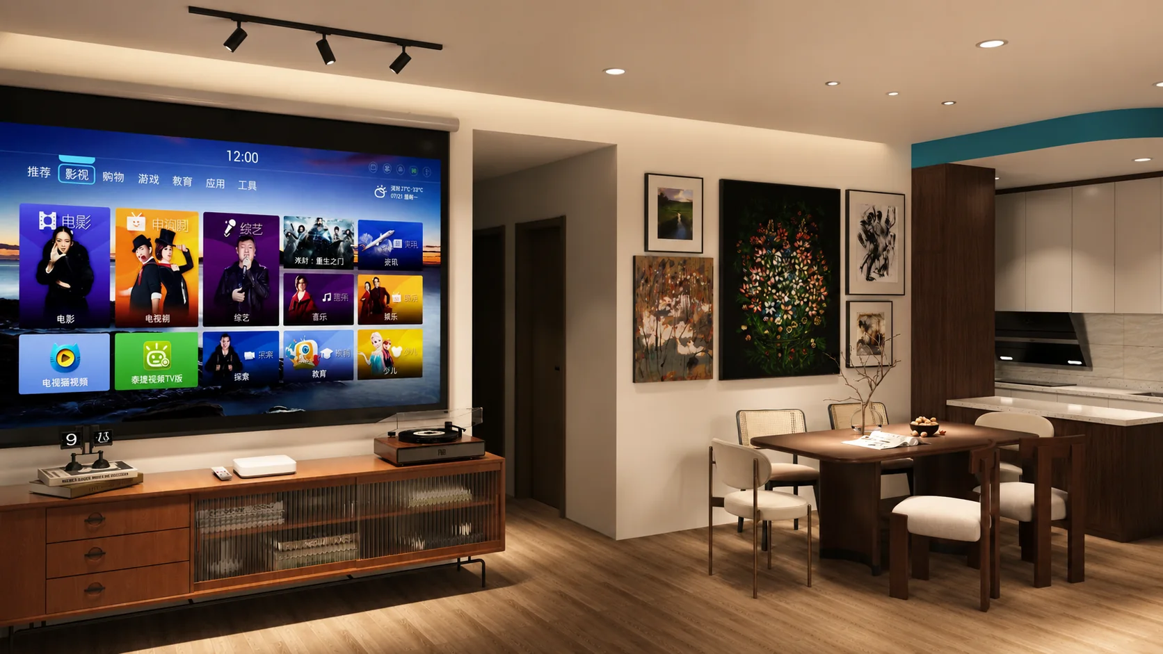 M Minori television wall dining and kitchen concept