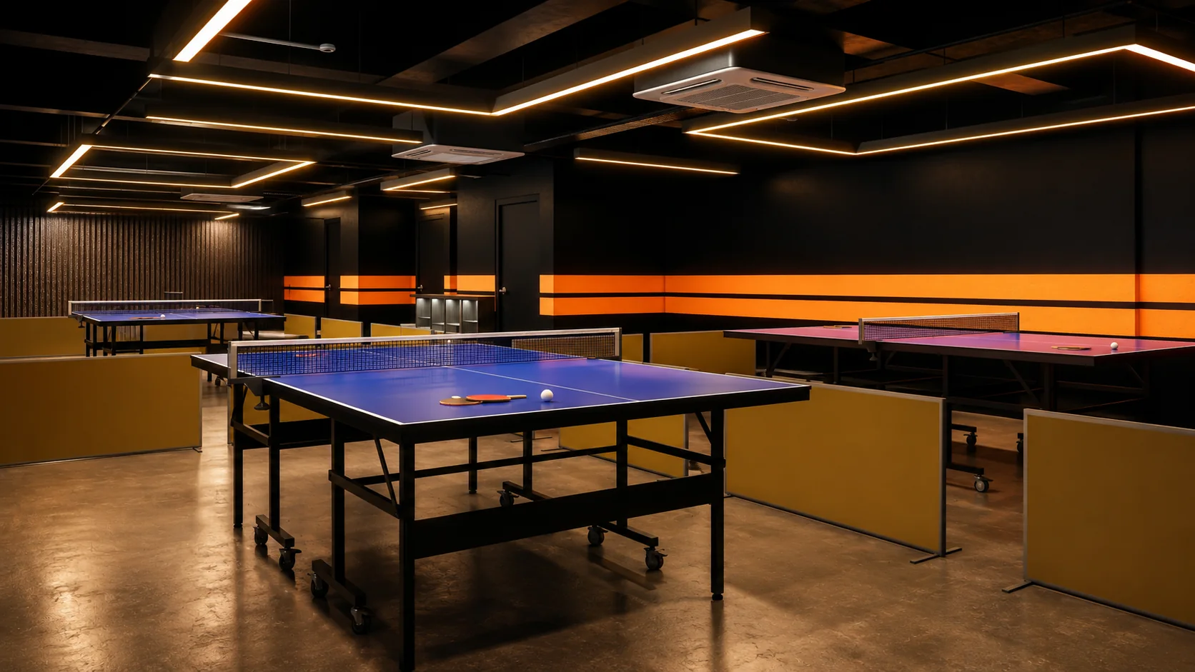 Ping pong club interior design visualisation with multiple table-tennis zones