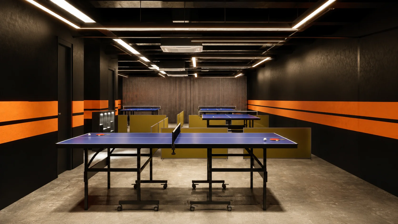 Long view through ping pong club interior visualisation